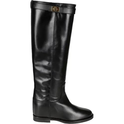 Schwarzer Lederschuh mit goldener Schnalle , Damen, Größe: 37 1/2 EU - Via Roma 15 - Modalova