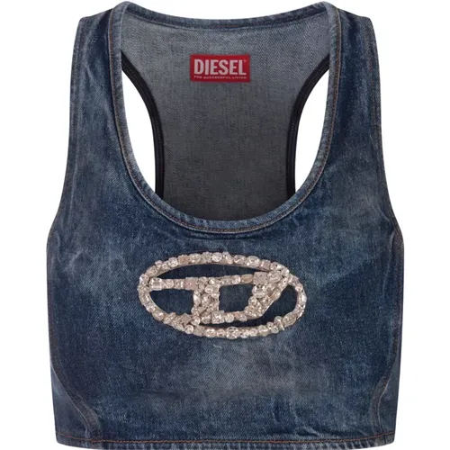 Blaue Denim Ärmellose Top mit Kristall-Logo , Damen, Größe: S - Diesel - Modalova