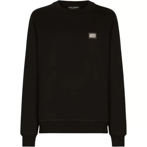 Schwarzer Logo Plaque Crew Neck Sweater , Herren, Größe: L - Dolce & Gabbana - Modalova