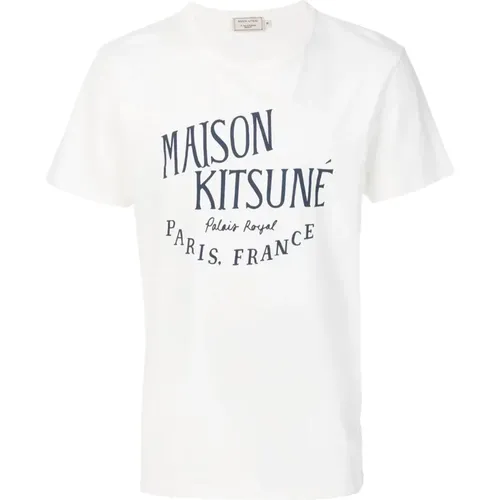 Ecru Logo Print Baumwoll-T-Shirt , Herren, Größe: 2XL - Maison Kitsuné - Modalova