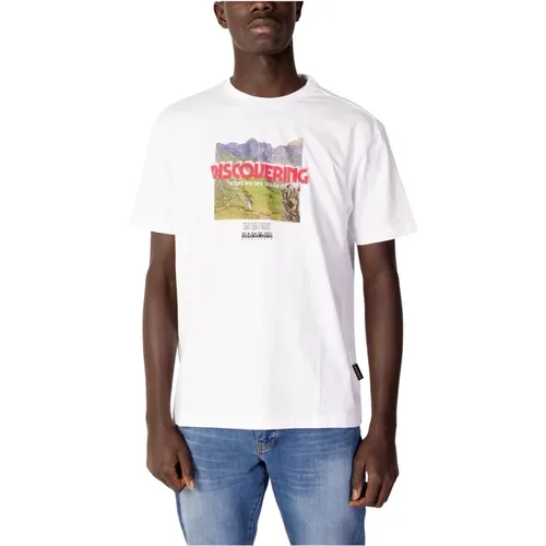 Weißes T-Shirt mit Druck und Rundhalsausschnitt , Herren, Größe: S - Napapijri - Modalova