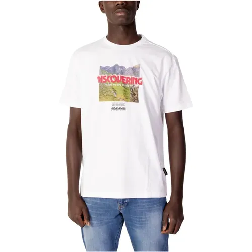 Weißes T-Shirt mit Druck und Rundhalsausschnitt , Herren, Größe: XL - Napapijri - Modalova