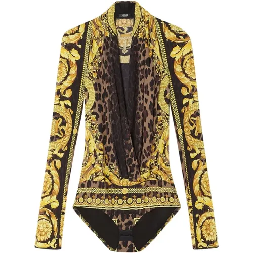 Leopard Print Silk V-Neck Top , female, Sizes: S, XS - Versace - Modalova