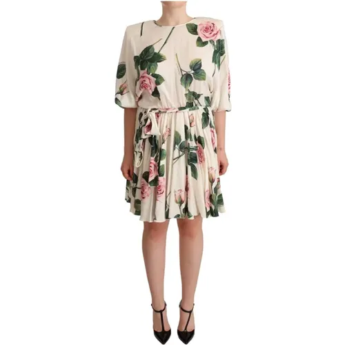 Rose Print Stretch Silk Pleated Dress , female, Sizes: S - Dolce & Gabbana Pre-owned - Modalova