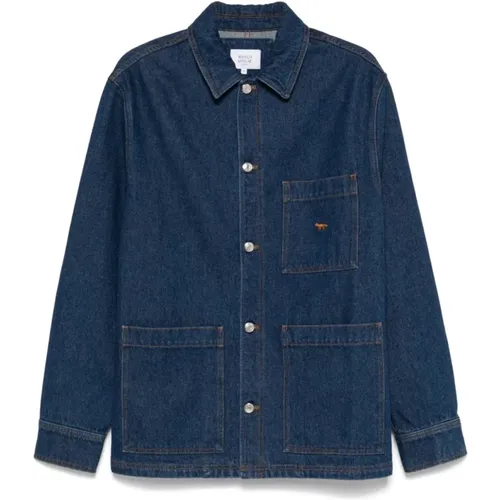 Indigo Denim Jacke mit Fuchsstickerei , Herren, Größe: S - Maison Kitsuné - Modalova