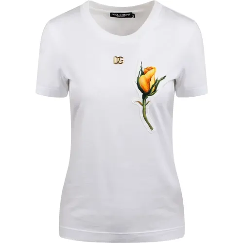 Rose-appliqué T-shirt , female, Sizes: M - Dolce & Gabbana - Modalova