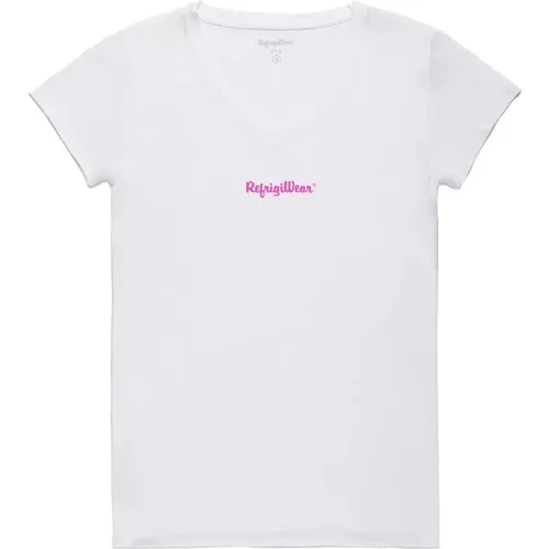 V-Ausschnitt T-Shirt mit bedrucktem Logo , Damen, Größe: S - RefrigiWear - Modalova