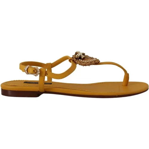 Mustard Leather Flats Sandals , female, Sizes: 2 UK - Dolce & Gabbana - Modalova