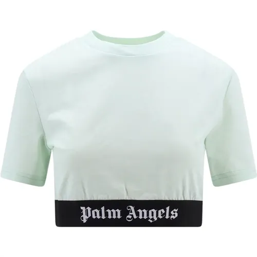 Grünes Crew-neck Topwear,Weiße Logo Band Crop T-shirt - Palm Angels - Modalova