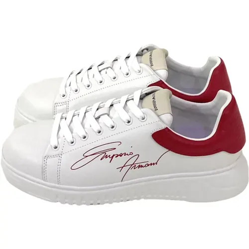 White Leather Mens Sneakers with Red Logo , male, Sizes: 12 UK - Emporio Armani - Modalova