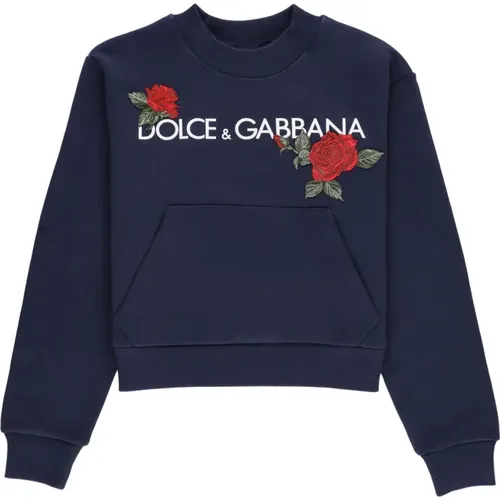 Blauer Baumwollpullover mit Rosenmuster - Dolce & Gabbana - Modalova