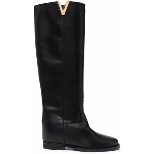 Schwarze Lederstiefel mit goldfarbenem Logo , Damen, Größe: 37 EU - Via Roma 15 - Modalova