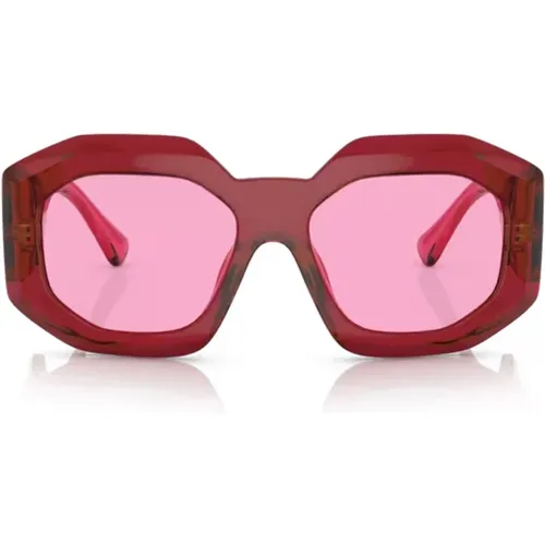 Irregular Shape Sunglasses with Fuchsia Lens and Transparent Frame , unisex, Sizes: 56 MM - Versace - Modalova