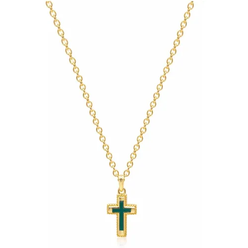Men's Sterling Silver Gold Plated Mini Cross Necklace with Green Enamel , Herren, Größe: ONE Size - Nialaya - Modalova