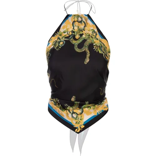 Silk Sleeveless Top with Snake Print and Lace-Up Back , female, Sizes: XS, 2XS - Roberto Cavalli - Modalova