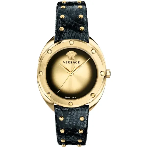 Black Leather Gold Stainless Steel Watch , female, Sizes: ONE SIZE - Versace - Modalova