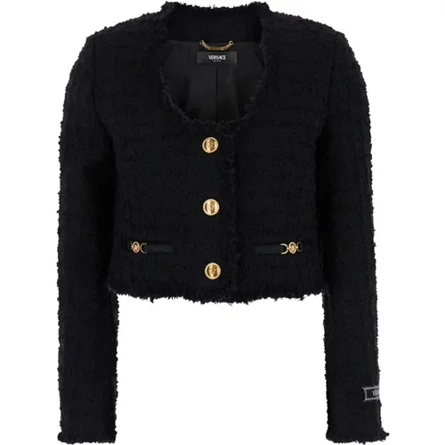 Schwarze Tweed Crop Jacke U-Ausschnitt - Versace - Modalova