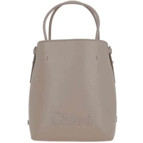 Graue Lederhandtasche mit gesticktem Logo - Chloé - Modalova