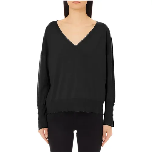 Schwarzer Pullover Trendy V-Ausschnitt Stil , Damen, Größe: M - Liu Jo - Modalova