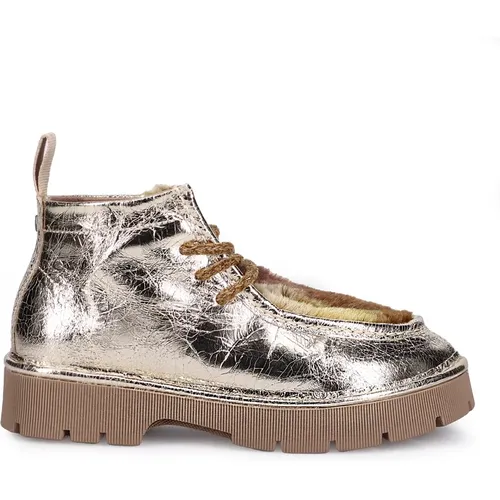 Golden Flat Shoes with Cracked-Effect Platinum Leather , female, Sizes: 3 UK - Panchic - Modalova