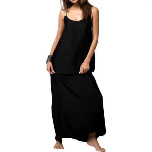 Schwarzes Fließendes Langes Kleid mit Offenem Rücken - Beliza - Modalova