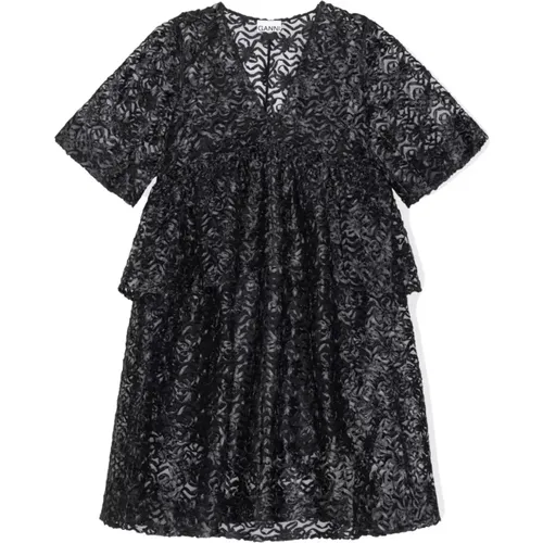 Schwarzes Kleid mit V-Ausschnitt und kurzen weiten Ärmeln , Damen, Größe: M - Ganni - Modalova