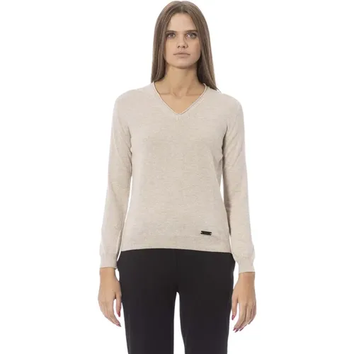 Eleganter Beiger V-Ausschnitt Pullover , Damen, Größe: XL - Baldinini - Modalova