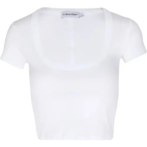 Baumwoll-Ripp-Top Kurzarm-Shirt , Damen, Größe: L - Calvin Klein - Modalova