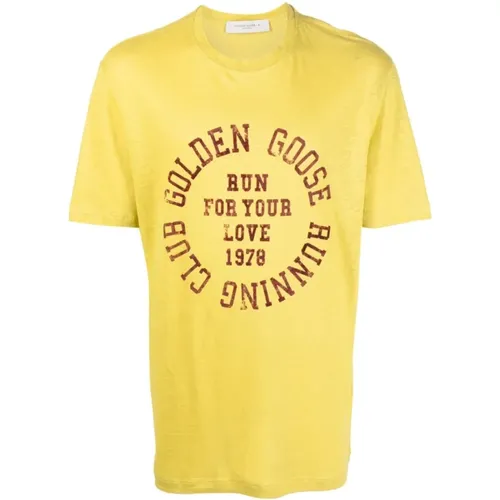 Logo-Print Leinen T-Shirt , Herren, Größe: L - Golden Goose - Modalova