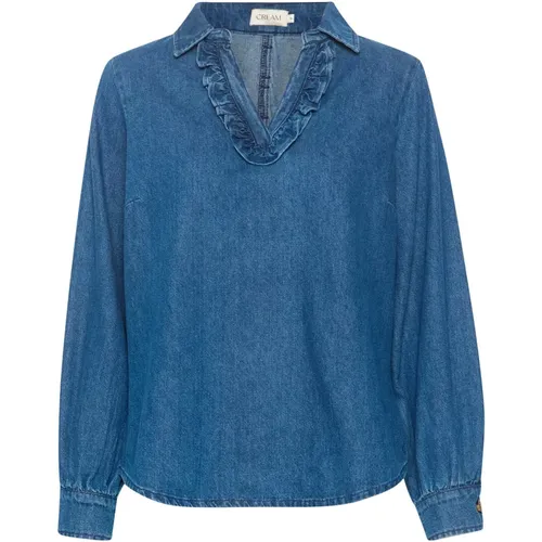 Denim Shirt with Flounce Details , female, Sizes: XS, XL - Cream - Modalova