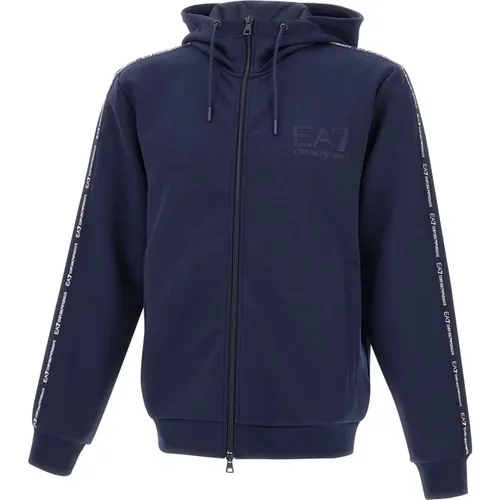 Blaue Kapuzen-Zip-Sweatshirt , Herren, Größe: M - Emporio Armani EA7 - Modalova