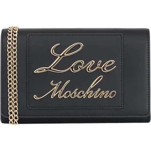 Schwarze Damenhandtasche mit goldenen Metallbuchstaben und Kettenriemen , Damen, Größe: ONE Size - Love Moschino - Modalova