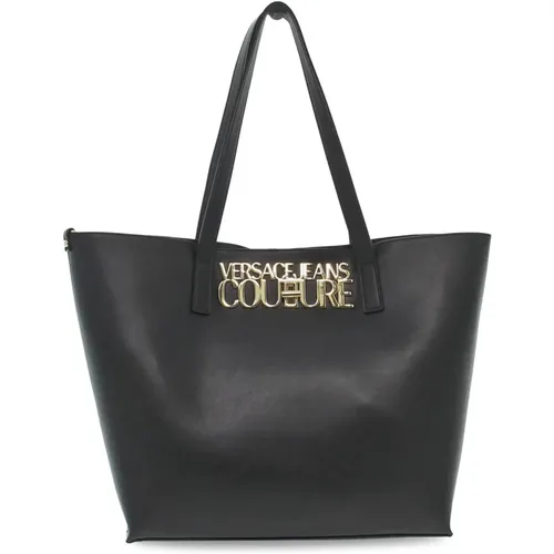 Schwarze Saffiano-Tote-Tasche mit Logo-Schloss , Damen, Größe: ONE Size - Versace Jeans Couture - Modalova