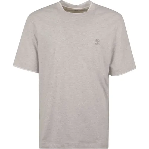 Mens Grey Cotton T-Shirt with Embroidered Logo , male, Sizes: 2XL, L, XL - BRUNELLO CUCINELLI - Modalova