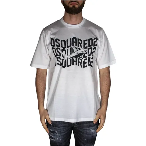 Weißes Shark T-Shirt, Kühner Oversized-Stil , Herren, Größe: 2XL - Dsquared2 - Modalova