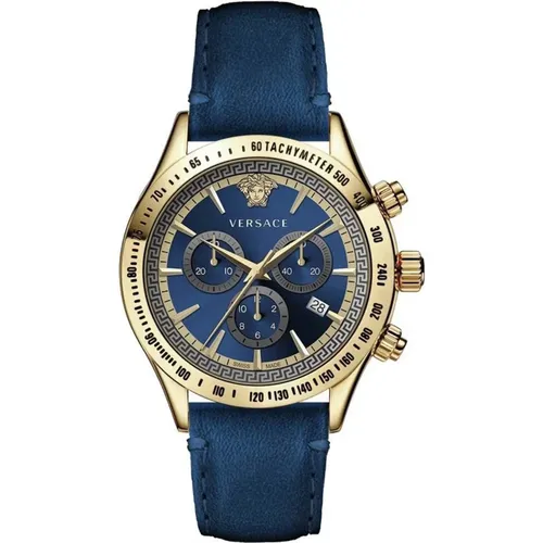 Classic Chrono Blue Leather Gold Watch , male, Sizes: ONE SIZE - Versace - Modalova
