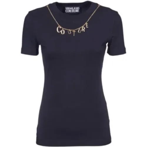 Cotton T-shirt with Detachable Logo Chain , female, Sizes: S - Versace Jeans Couture - Modalova