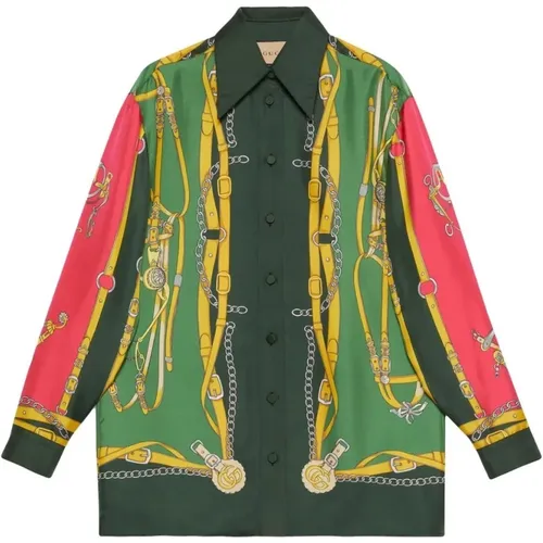 Grünes Seidenhemd mit Harness-Print - Gucci - Modalova