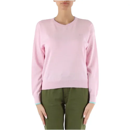 Cotton crewneck sweater with contrast details , female, Sizes: XL, L, M - Sun68 - Modalova
