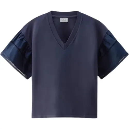 Baumwoll-T-Shirt mit Seeblick und Puffärmeln , Damen, Größe: XS - Woolrich - Modalova