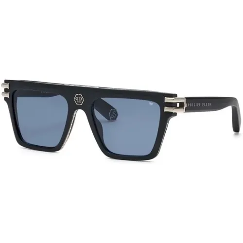 Schwarze Blaue Sonnenbrille , unisex, Größe: 56 MM - Philipp Plein - Modalova
