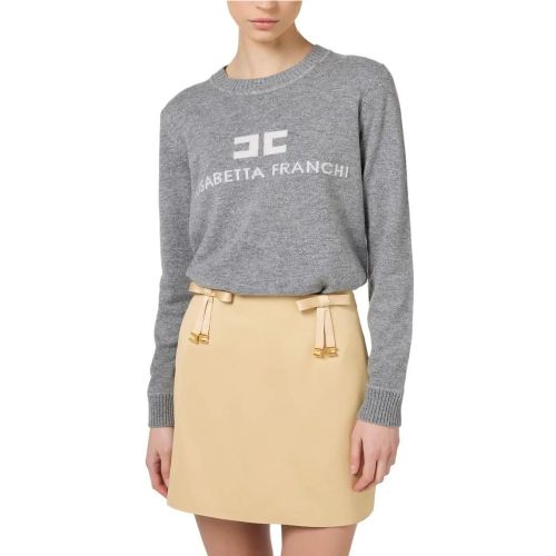 Pull gris chine laine cachemire Logo ecru col rond - Größe IT 42 - Elisabetta Franchi - Modalova