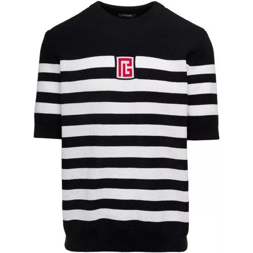 Black And White Stripe T-Shirt With Logo Embroider - Größe L - black - Balmain - Modalova