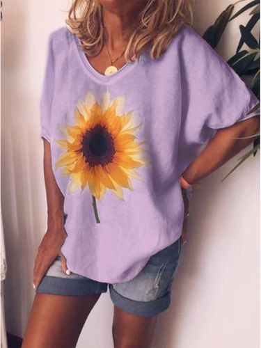 Loose casual sunflower print short sleeve round neck T-shirt - Modetalente - Modalova