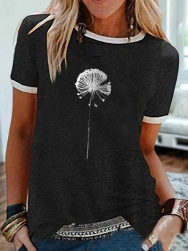 Vintage Short Sleeve Statement Dandelion Printed Crew Neck Casual Top - Modetalente - Modalova