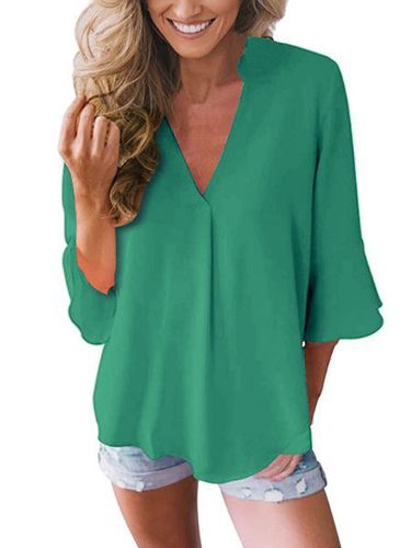 Plain Loosen V Neck Short Sleeve Top - Modetalente - Modalova