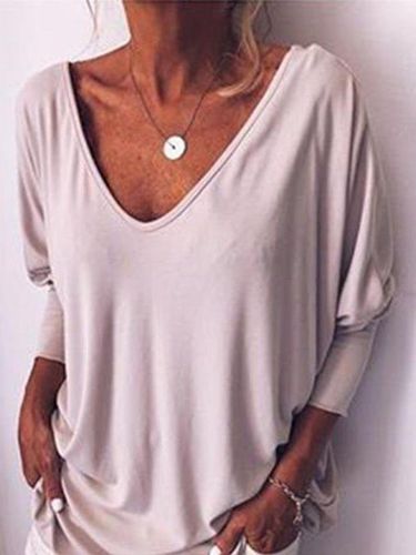 Solid V Neck Long Sleeve Buttoned T-shirt - Modetalente - Modalova