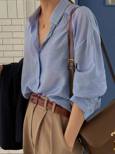 Shirt Collar Plain Casual Cotton-Blend Linen Style Blouse - Just Fashion Now - Modalova