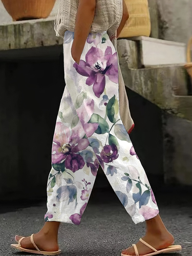 Casual Floral Cotton And Linen Pants - Just Fashion Now - Modalova