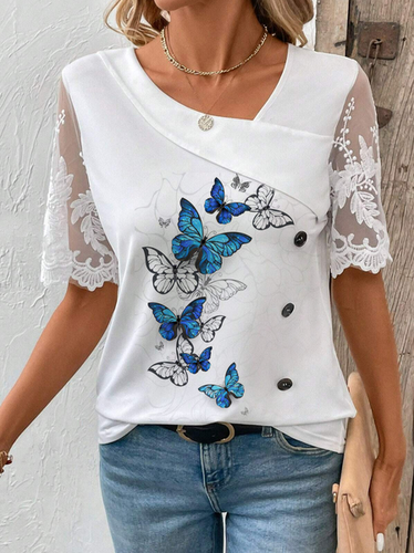 Women's Short Sleeve Shirt Summer White Butterfly Lace Daily Casual Top - Just Fashion Now - Modalova
